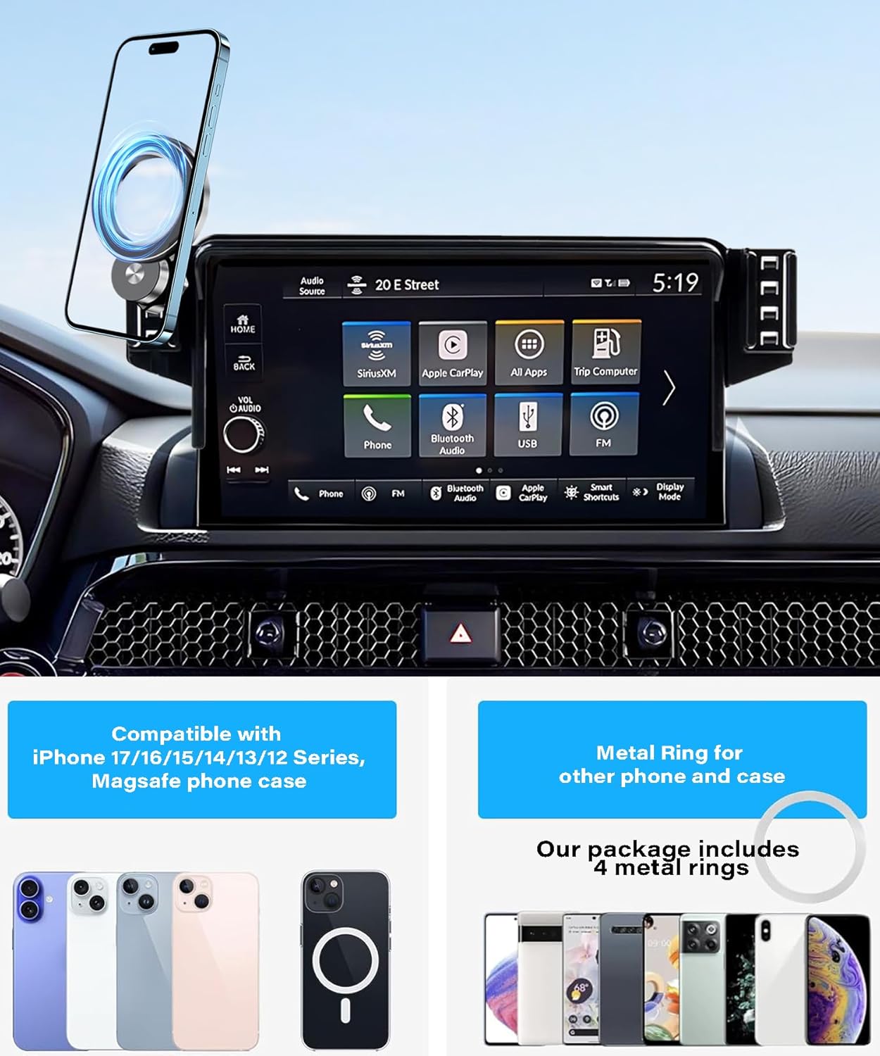 Magnetic Car Phone Holder for 2023 2024 2025 2026 Honda Pilot Accessories Apply to 7/9 Inch Touch Screen Fixed Clip MagSafe Passenger Cell Phone Mount Hands-Free 360 Degree Rotation