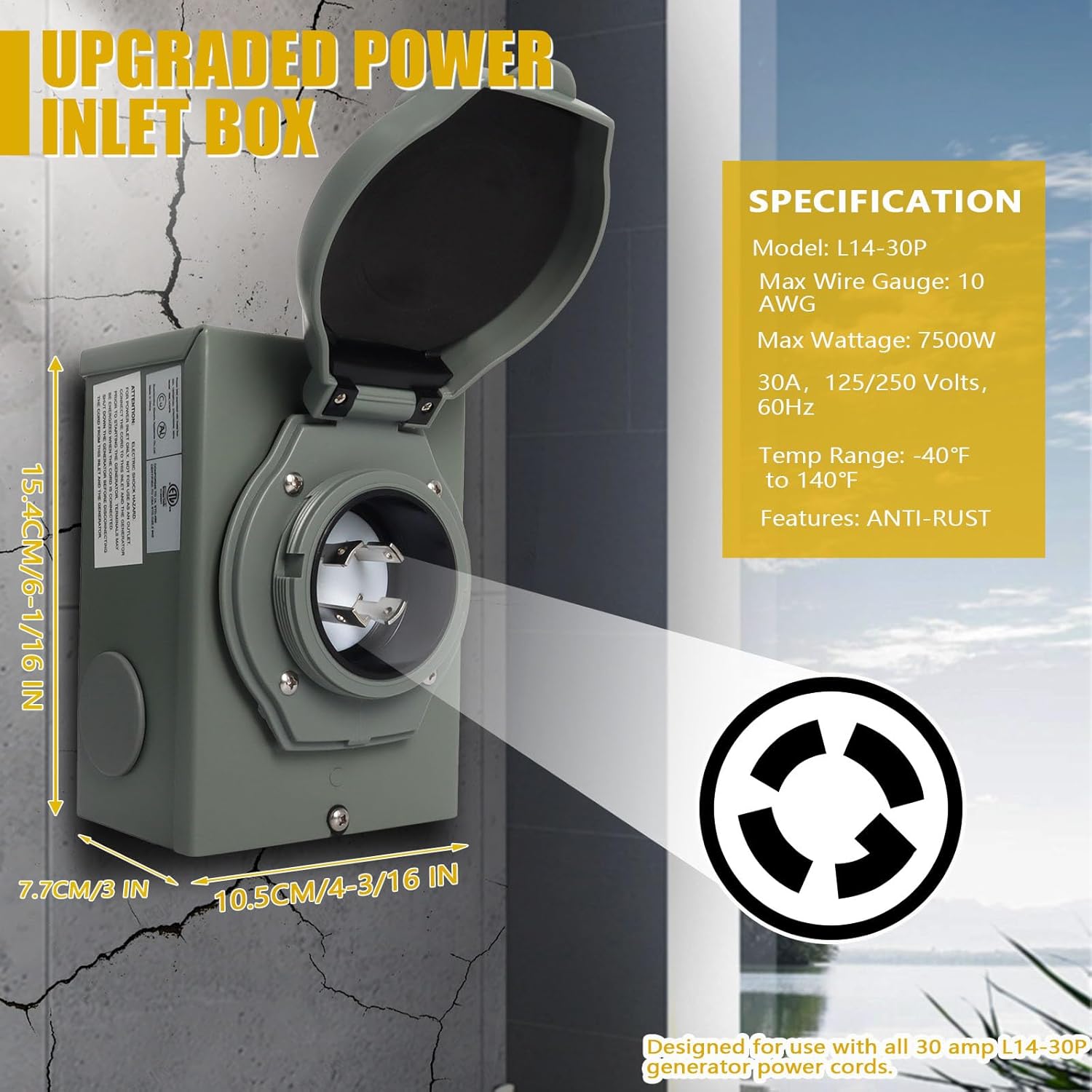 30 Amp Generator Cord and Power Inlet Box, 35 Ft Generator Power Extension Cord 4 Prong Yellow NEMA L14-30P to L14-30R 125V, 7500W Generator Power Inlet Organizer Combo Kit for Outdoor Use ETL Listed