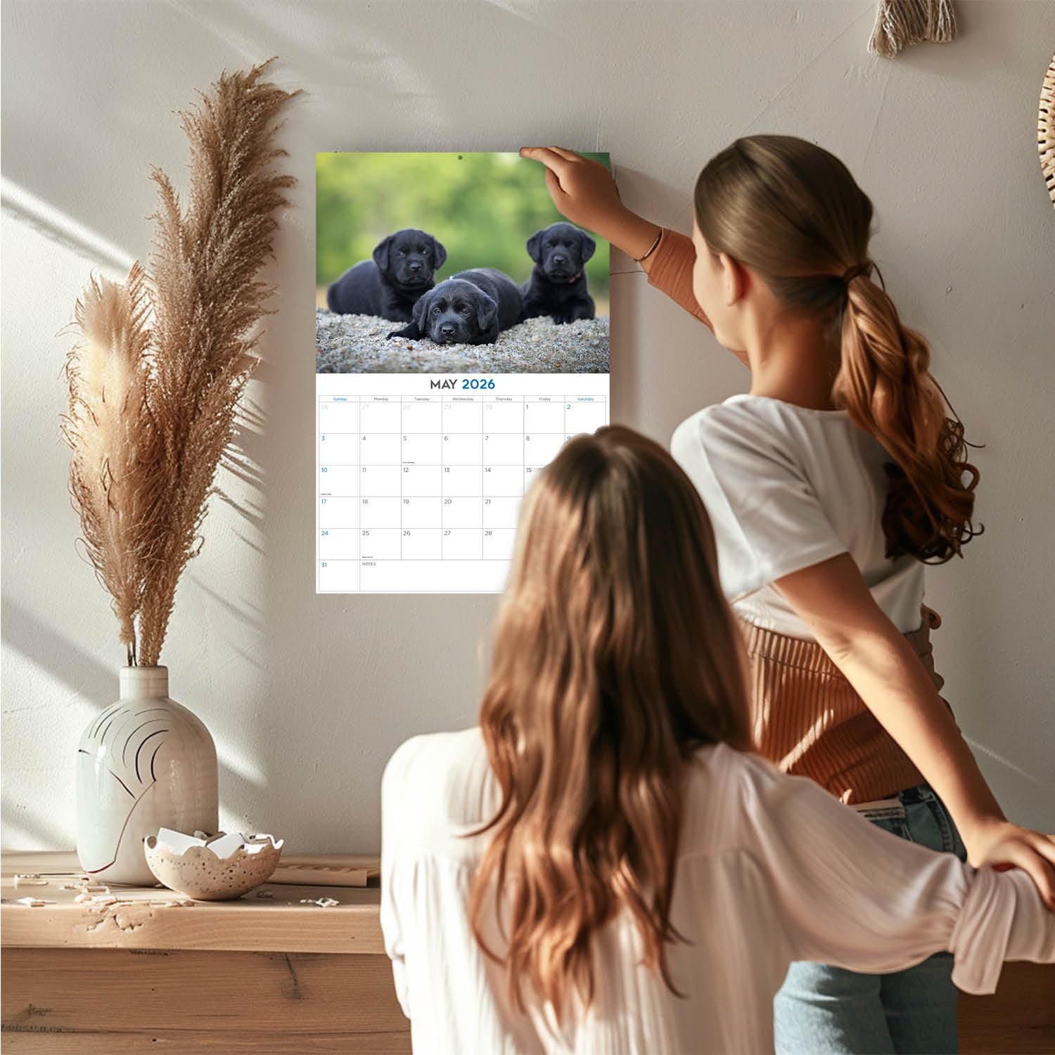 Calendario 2024 2025 Labrador Pups negro – Calendario mensual de pared de raza de perro – 12 x 18 pulgadas abierto – Papel grueso que no se corre – Regalo – Calendario académico para profesores,