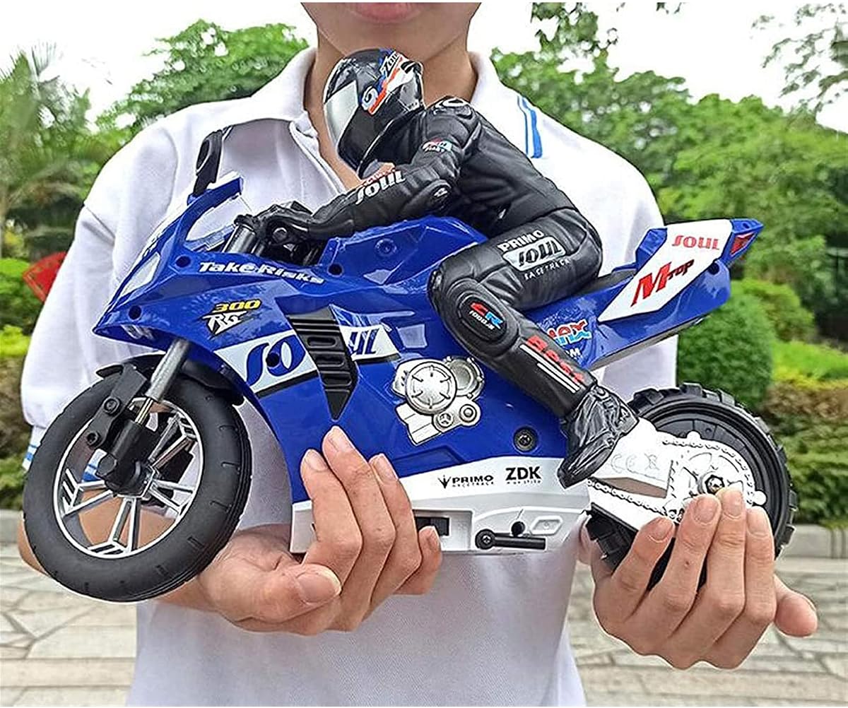 Motocicleta de control remoto, alta velocidad, autoequilibrio, rueda única, truco RC, escala 1/6, linterna LED giratoria 360, juguete, el mejor regalo de Navidad para niños y niñas, azul