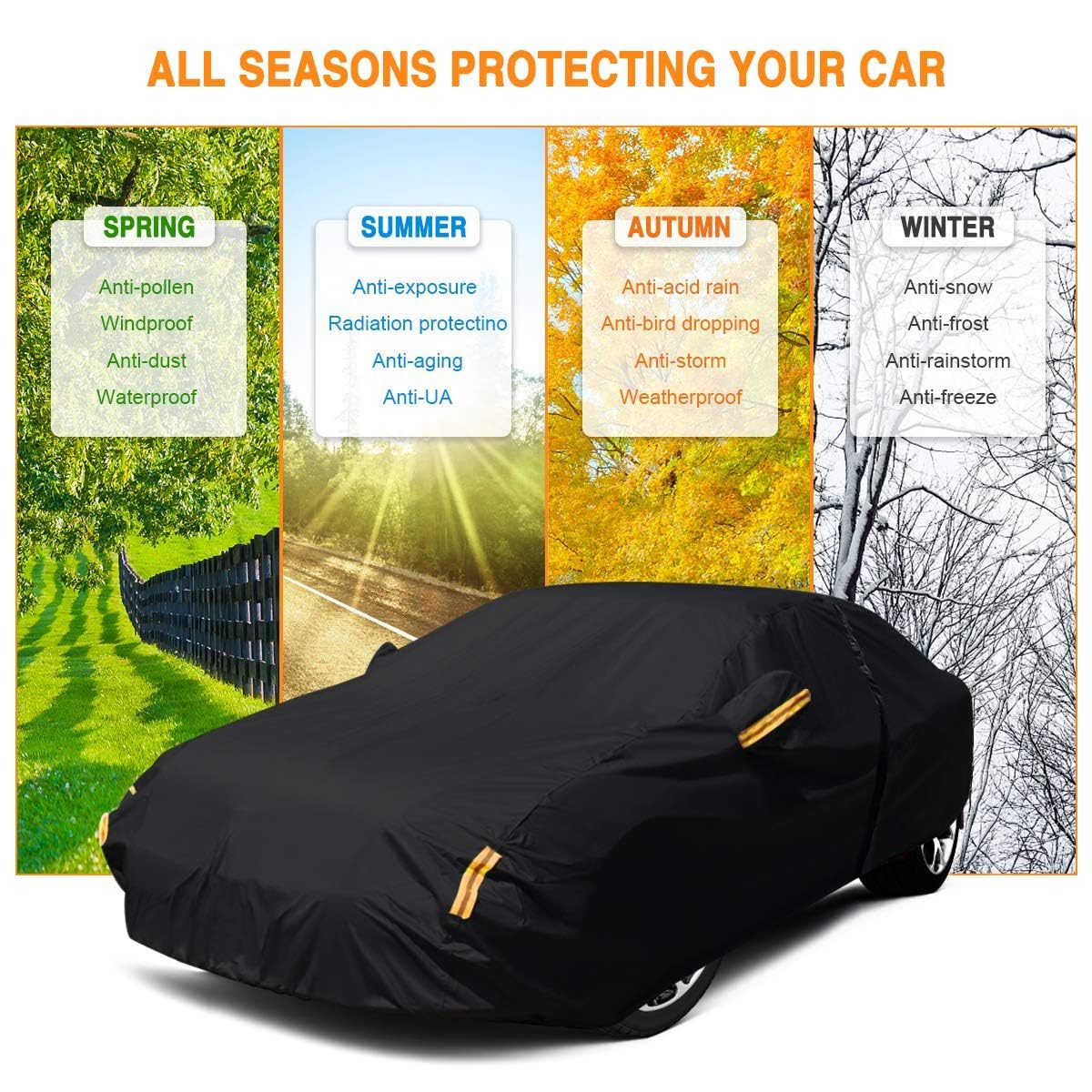 NEVERLAND Sedan Car Cover Waterproof Heavy Duty All Weather Protection Snow Anti-UV Windproof Outdoor Full Car Cover Fit — view 9