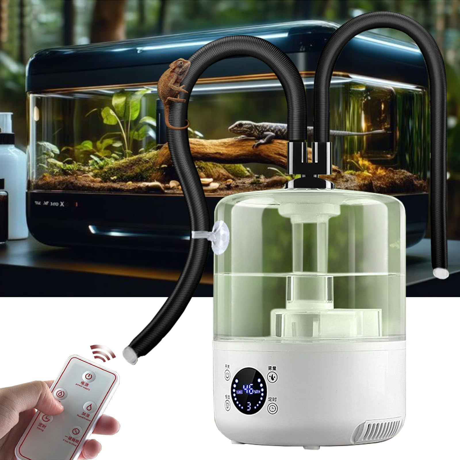 Terrario humidificador de reptiles de 3,5 l, máquina de humo ultrasónica de doble tubo con control remoto, fogger silencioso, protección de funcionamiento en seco de 3 etapas, para reptiles, anfibios