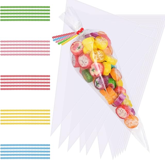 Faburo 100pcs Cone Bags for Sweets Clear Cellophane Bags and Ties for Party Christmas and Festivals