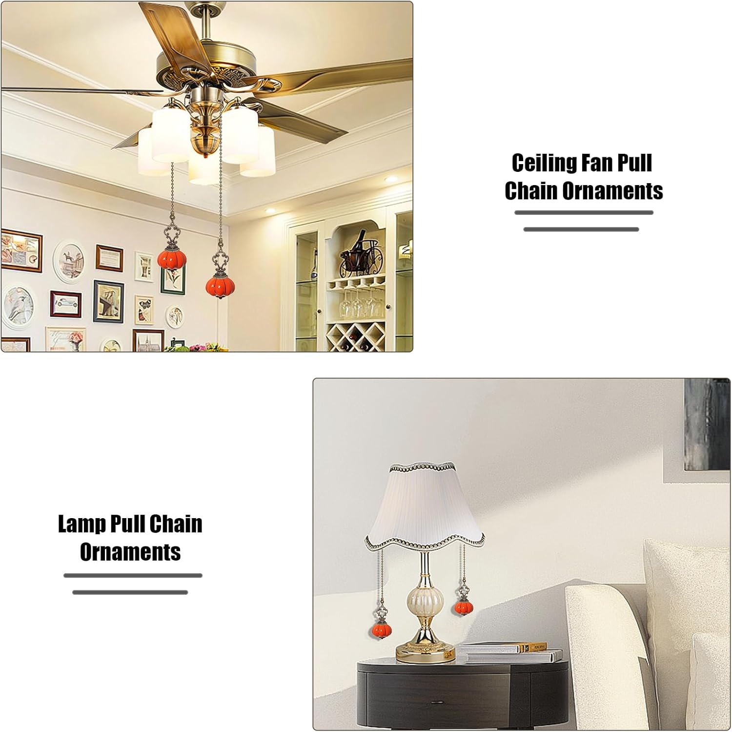 2pcs Ceiling Fan Pull Chain Ornaments Orange Ceramic Pumpkin Fan Pull Extender,15 Inches Fan Pulls with Connector
