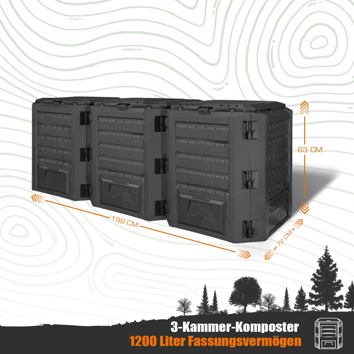 3 Kammer Komposter Garten Schnellkomposter Groß 1200L Schwarzer Kompostbeschleuniger mit Deckel & Klappe Bio Kompost aus Kunststoff zum Kompostieren