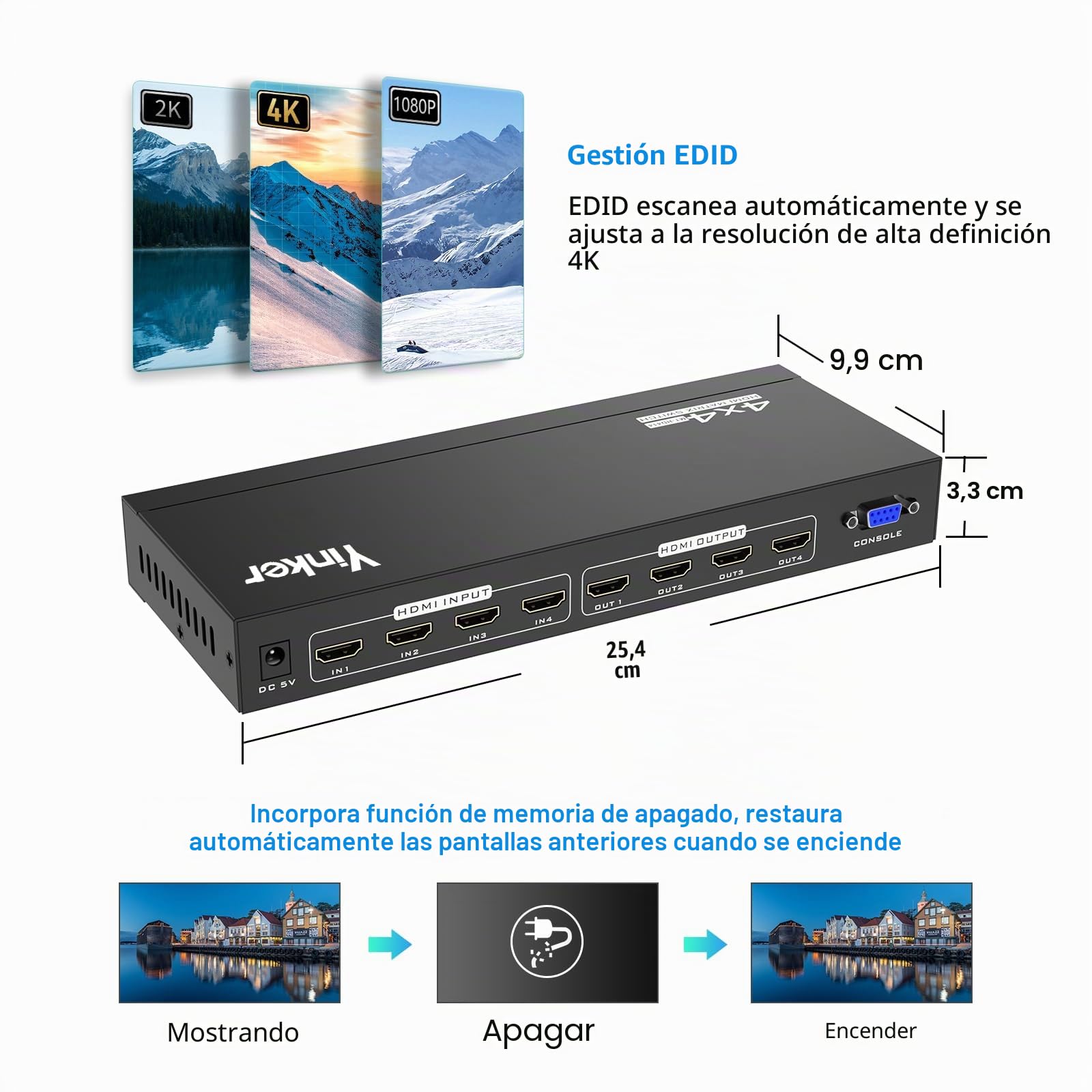 Conmutador de matriz HDMI 4K 4x4, 4K @30Hz HDMI Matrix Switcher Splitter 4 en 4 salidas con botón retroiluminado, compatible con HDCP EDID Management RS232 Control