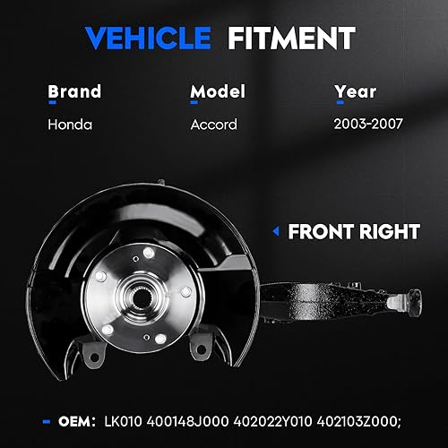 Miniatura 7 de Conjunto de cubo de cojinete de dirección y cojinete de rueda delantero derecho compatible con Honda Accord 2.4L Coupé o sedán 2003-2007, reemplazo