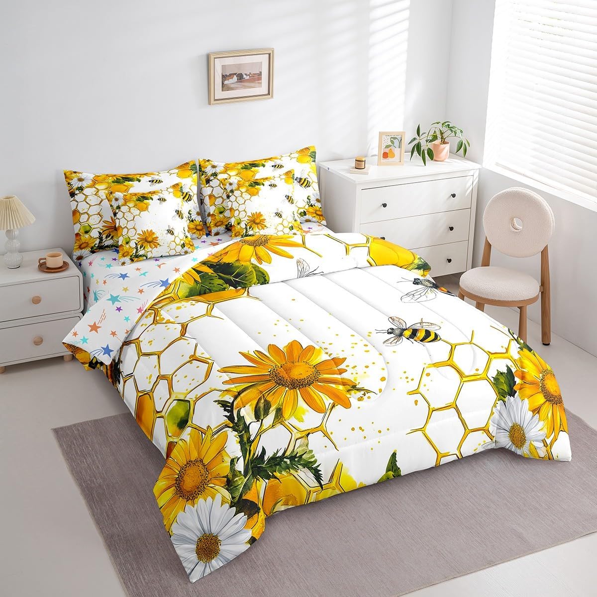 Feelyou Bee Comforter Set Twin Size 7 Pieces Bee Honeycomb Sunflower Bedding Set for Kids Boys Girls Garden Floral Decor Bed in a Bag with Sheets Microfiber Cute Animal Bed Set Bedroom Quilt Set