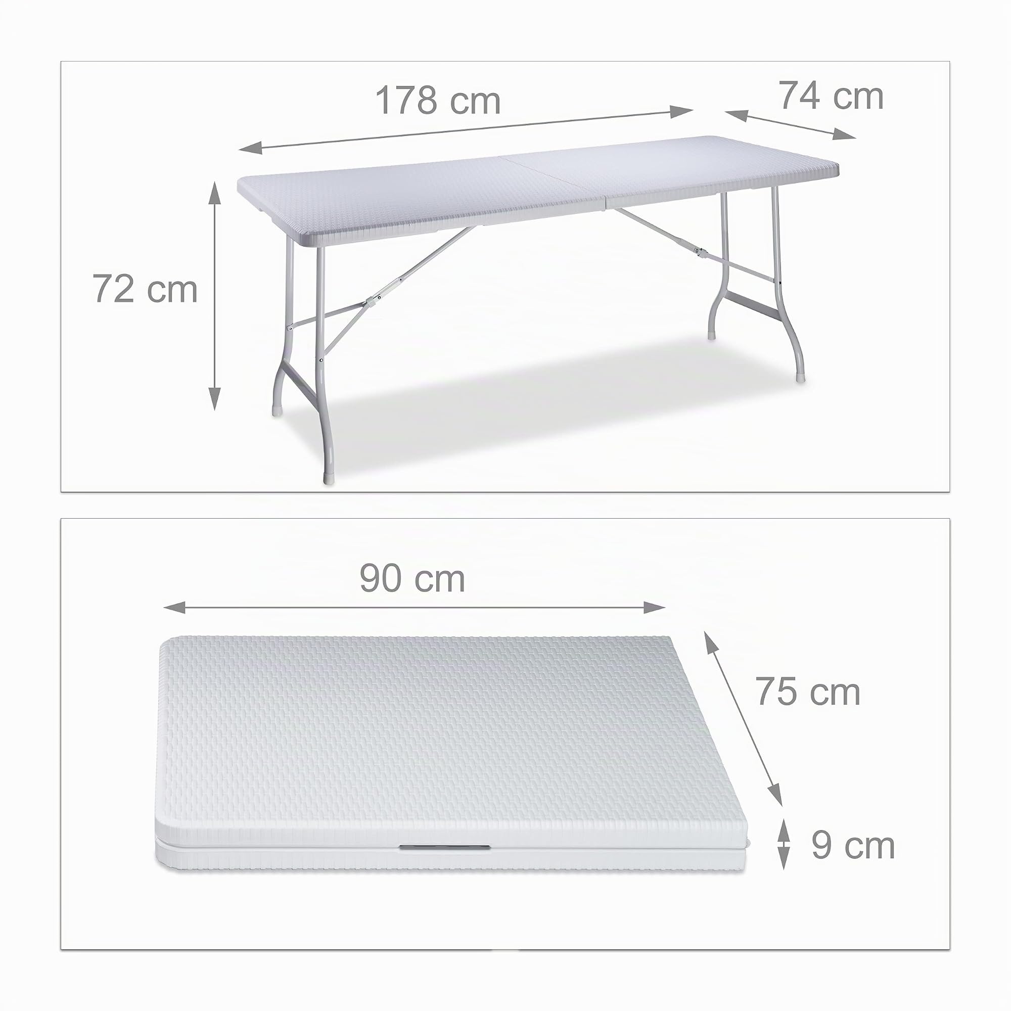 Relaxdays Tavolo da Giardino Pieghevole, Tavolino da Campeggio Picnic, con Maniglia, H x L x P 72x178x74 cm, Bianco