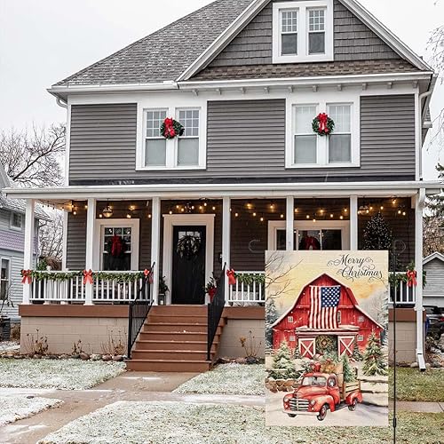 Miniatura 3 de Bandera de jardín de Feliz Navidad de 12 x 18 pulgadas, doble cara, árbol de Navidad rojo granero de Navidad, bandera estadounidense, camión,