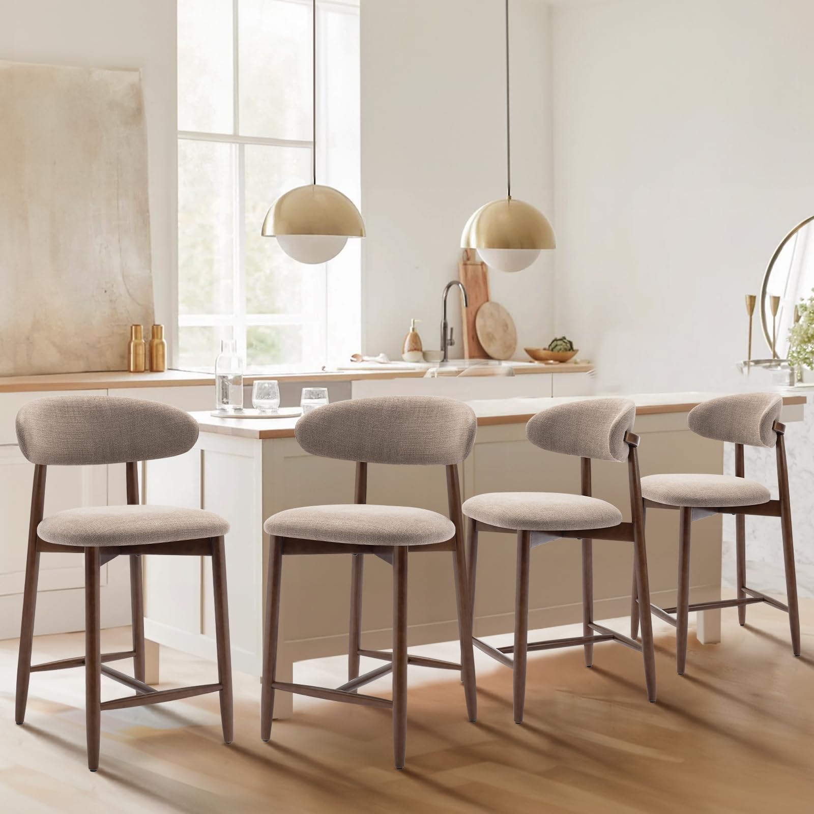 Upholstered Counter Height Bar Stools Set of 4, Kitchen Island Stools with Back, Modern Counter Stools Island Bar Chairs with Wood Legs for Kitchen Island Dining Room Bar, Camel
