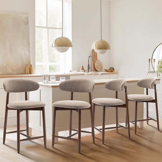 Upholstered Counter Height Bar Stools Set of 4, Modern Kitchen Island Barstools Chairs with Back and Wood Legs for Dining Room Bar, Camel