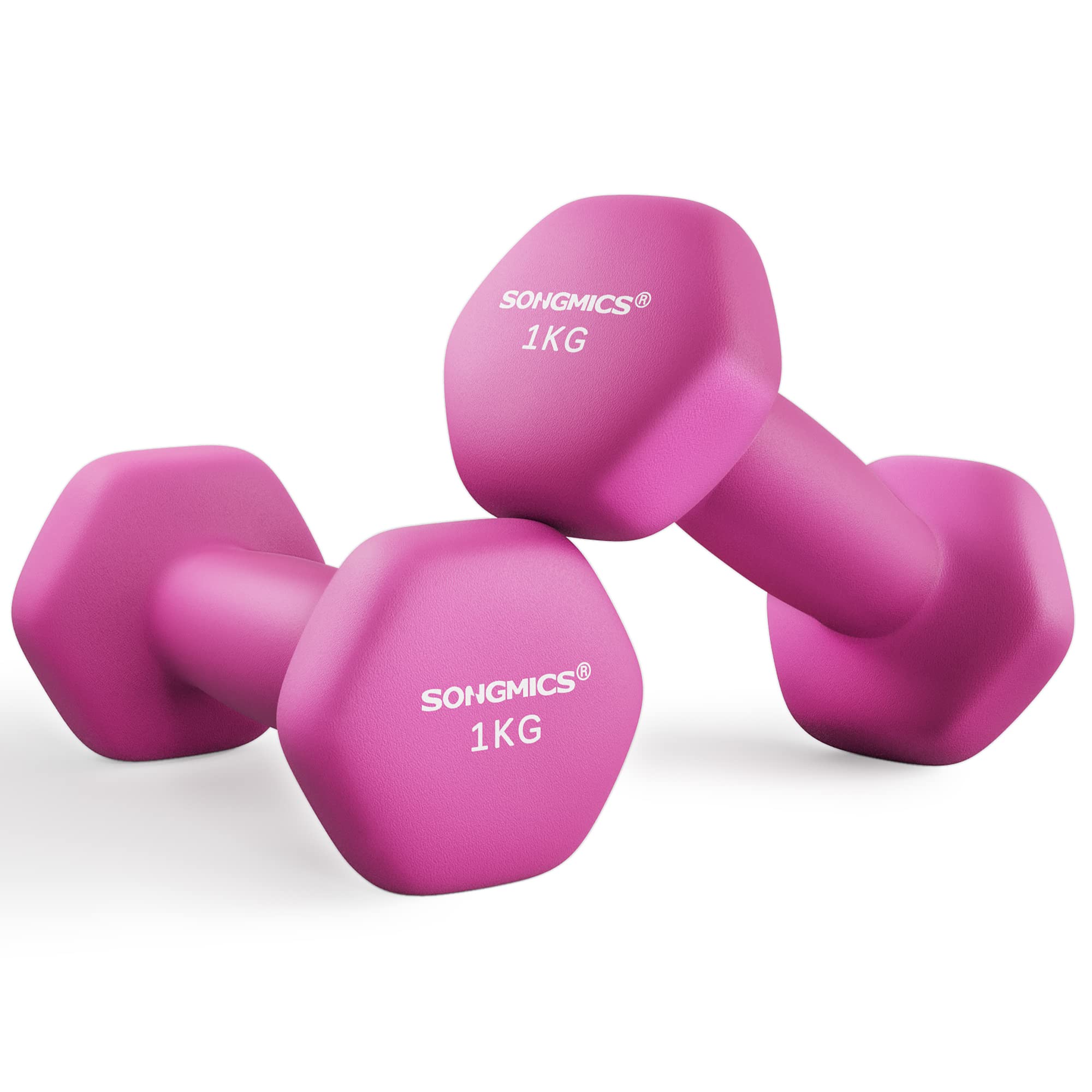 SONGMICS - Juego de mancuernas (2 x 1 kg, con forma de mancuernas, hexagonales, revestimiento de neopreno, para entrenamiento de fuerza, fitness, para el hogar, rosa SYL902P01
