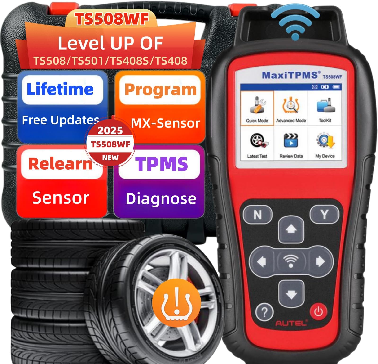 MaxiTPMS TS508WF TPMS Relearn Tool, Upgrade of TS508 / TS408 TPMS Tool, Activate/Relearn All Sensors, Program Autel Sensors, TPMS Reset/Diagnosis, Read/Clear TPMS Code, Free Lifetime Update