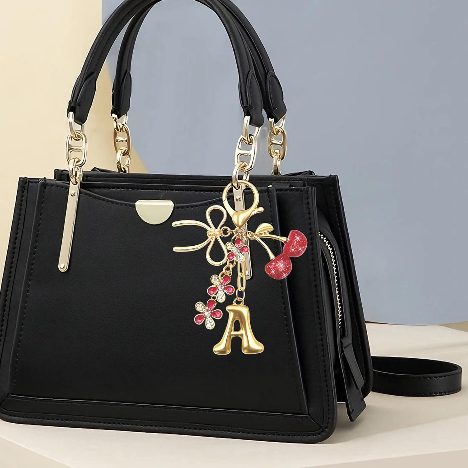 Bubble Initial Keychain for Women,Pink Cherry or Strawberry Bow Bag Charm Gold Letter,Cute Purse Charm for Handbags image 4