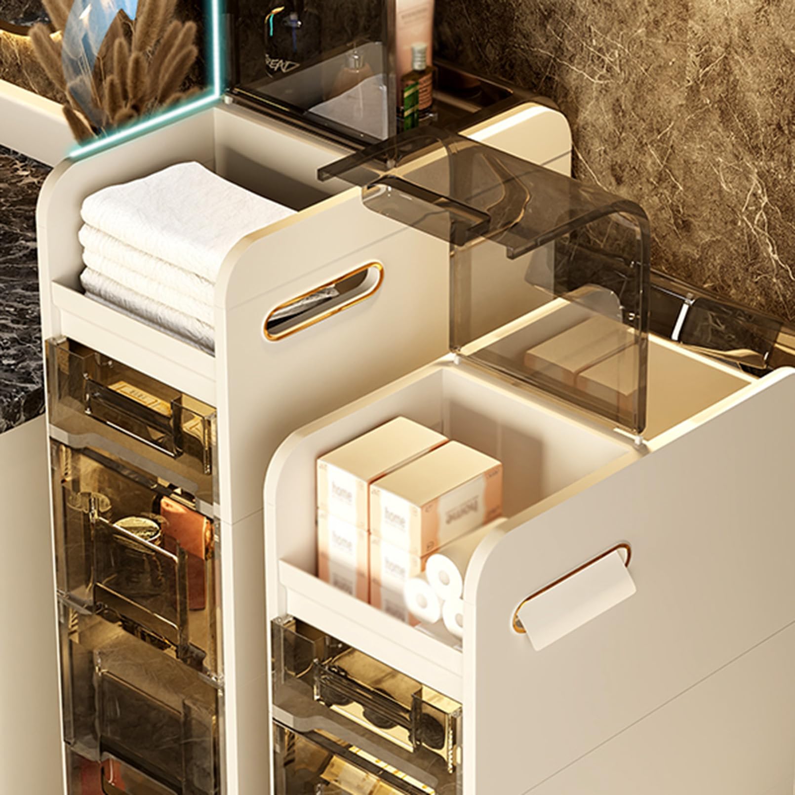 Cajoneras de almacenamiento Mueble Estrecho para baño con cajón de almacenamiento, rueda giratoria, para cocina, baño de esquina y espacios pequeños Mueble para Papel hig