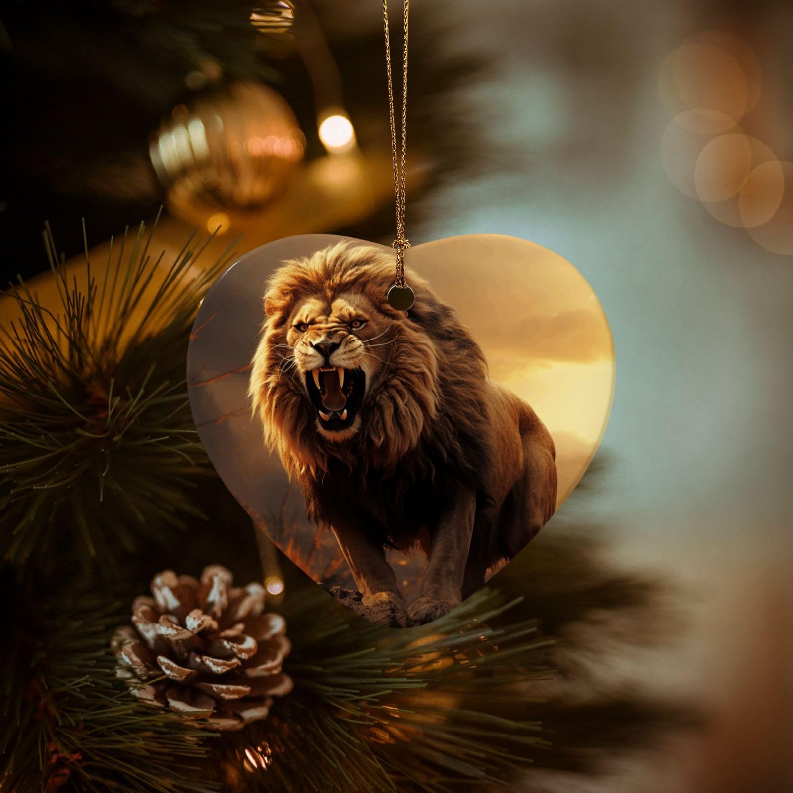 Christmas Ornaments for Christmas Tree Decoration Hanging Angry Roaring Lion Ornament with Gold Ribbon Crafts Heart Shape Ceramic Pendant for Keepsake Gifts Xmas Decor Party Supplies