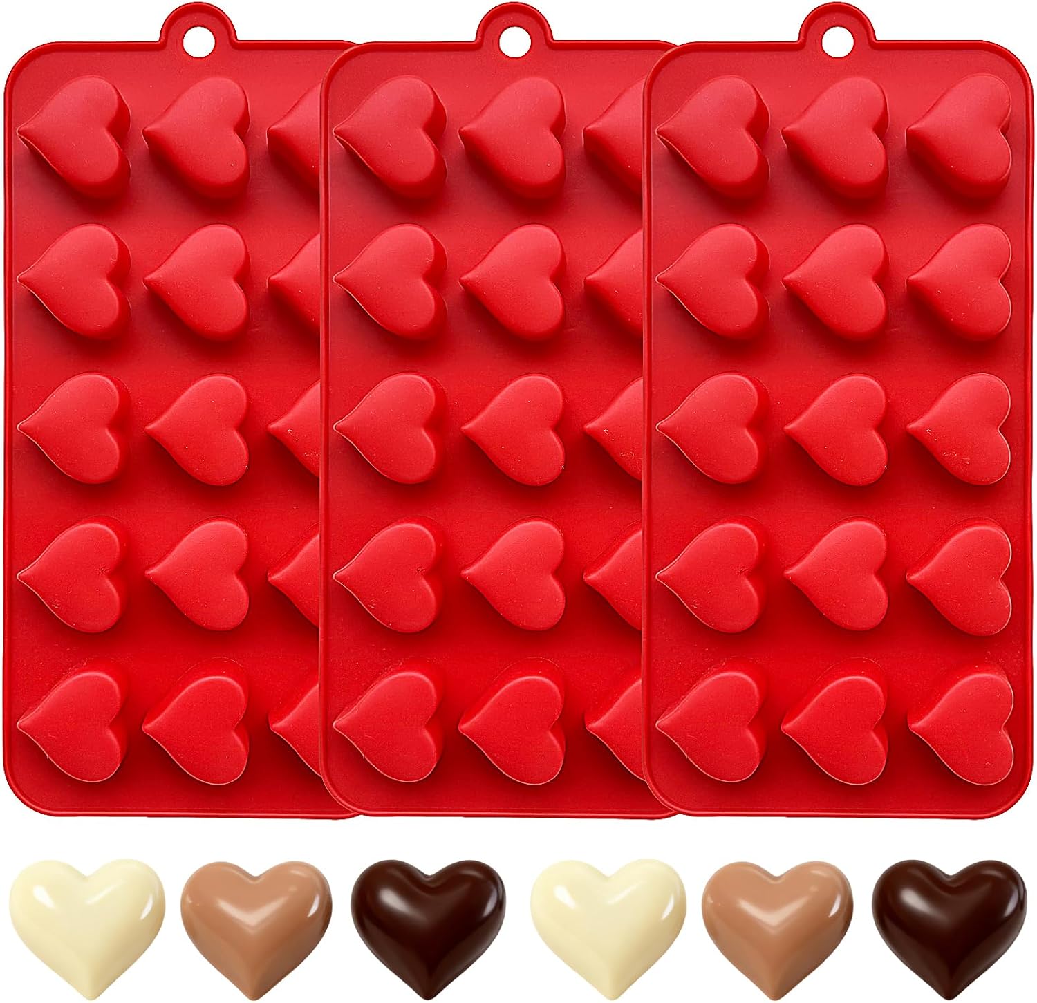 3-Pack Heart Molds Silicone, Mini Heart Shape Chocolate Candy Molds for Baking, Non-stick Valentine's Day Silicone Heart Mold for Cakes Candies Soap Ice Cube Jelly Gummy