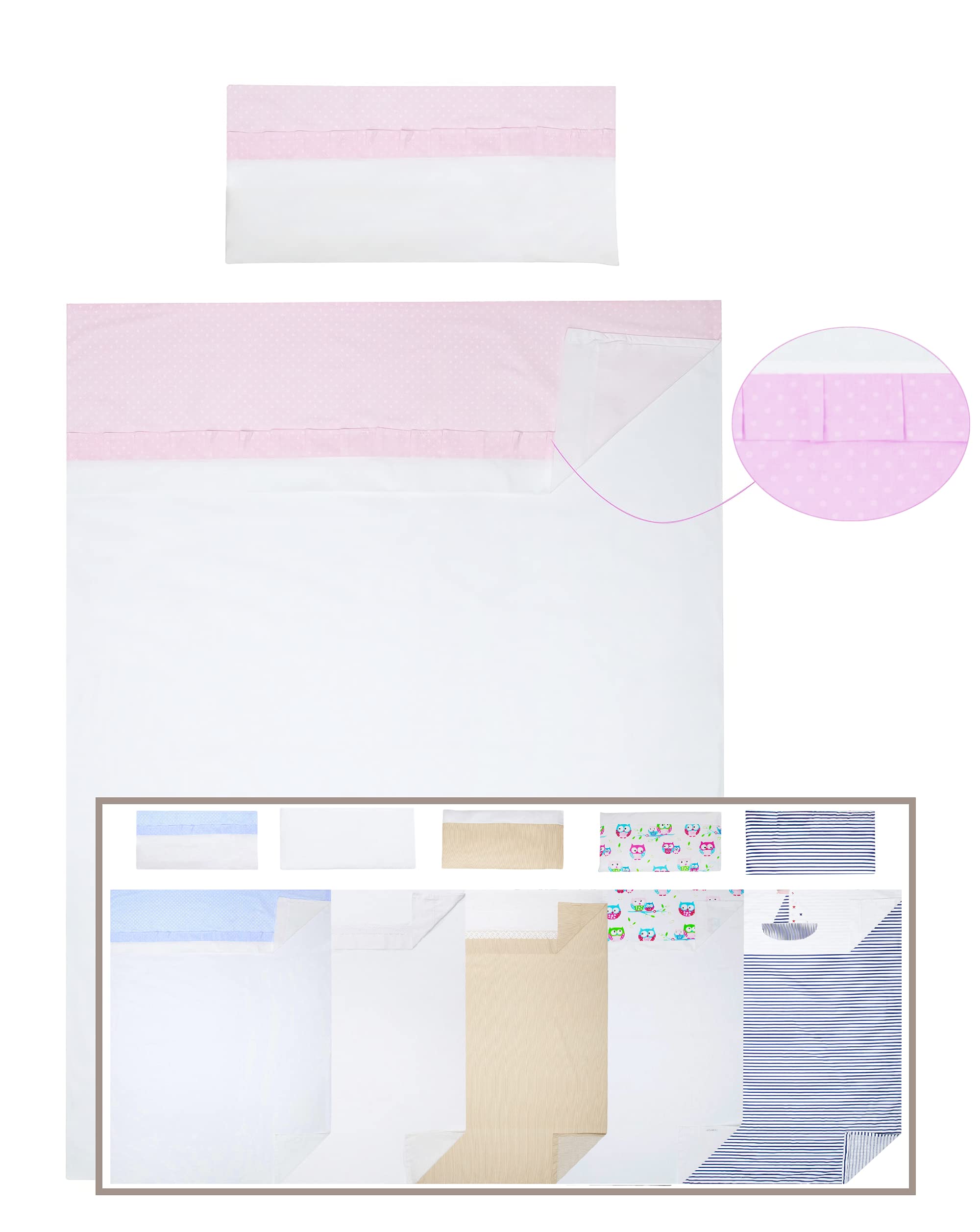 Vizaro - Komplet 3-częściowy Poszewek z Przścieradłem - Tríptico na łóżeczko 60x120cm - 100% Bawełna - Wyprodukowane w UE, OekoTex - Rosa