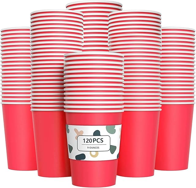 YANGTE 120Pcs Red Paper Cups 9oz Disposable Party Cups Biodegradable and Compostable Drinking Cups for Birthday Party, DIY, BBQ - 250ml