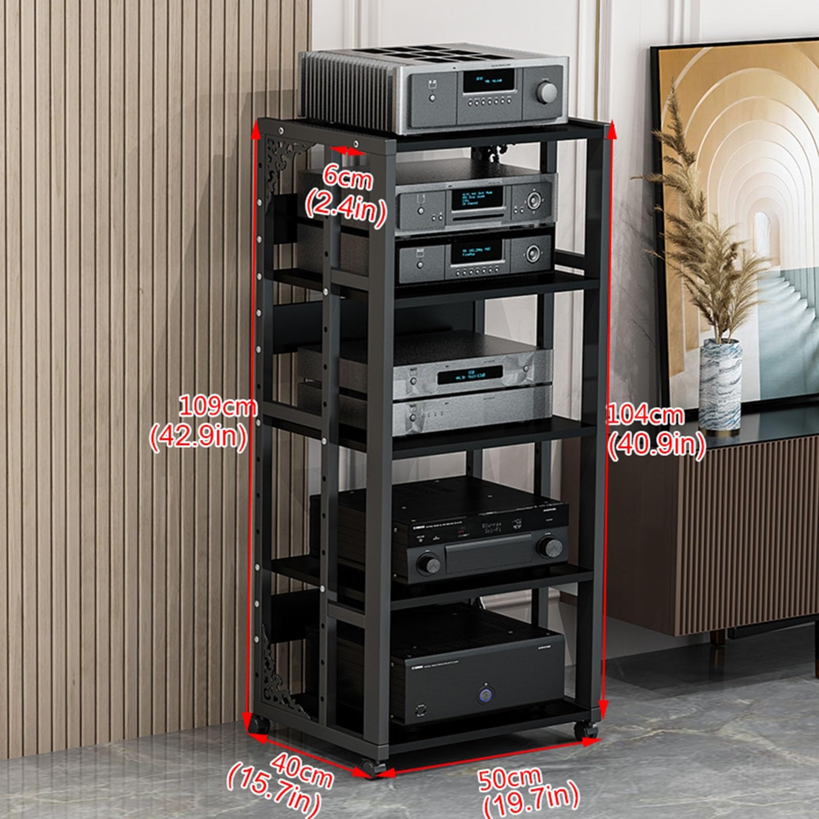 5 Tier AV Media Stand Stereo Component Cabinet CD Player Stand Movable Audio Rack Tower with Height Adjustable Wooden Shelf for Home/Office/Theater/Recording Room, 50x40x109cm (Color : Black)