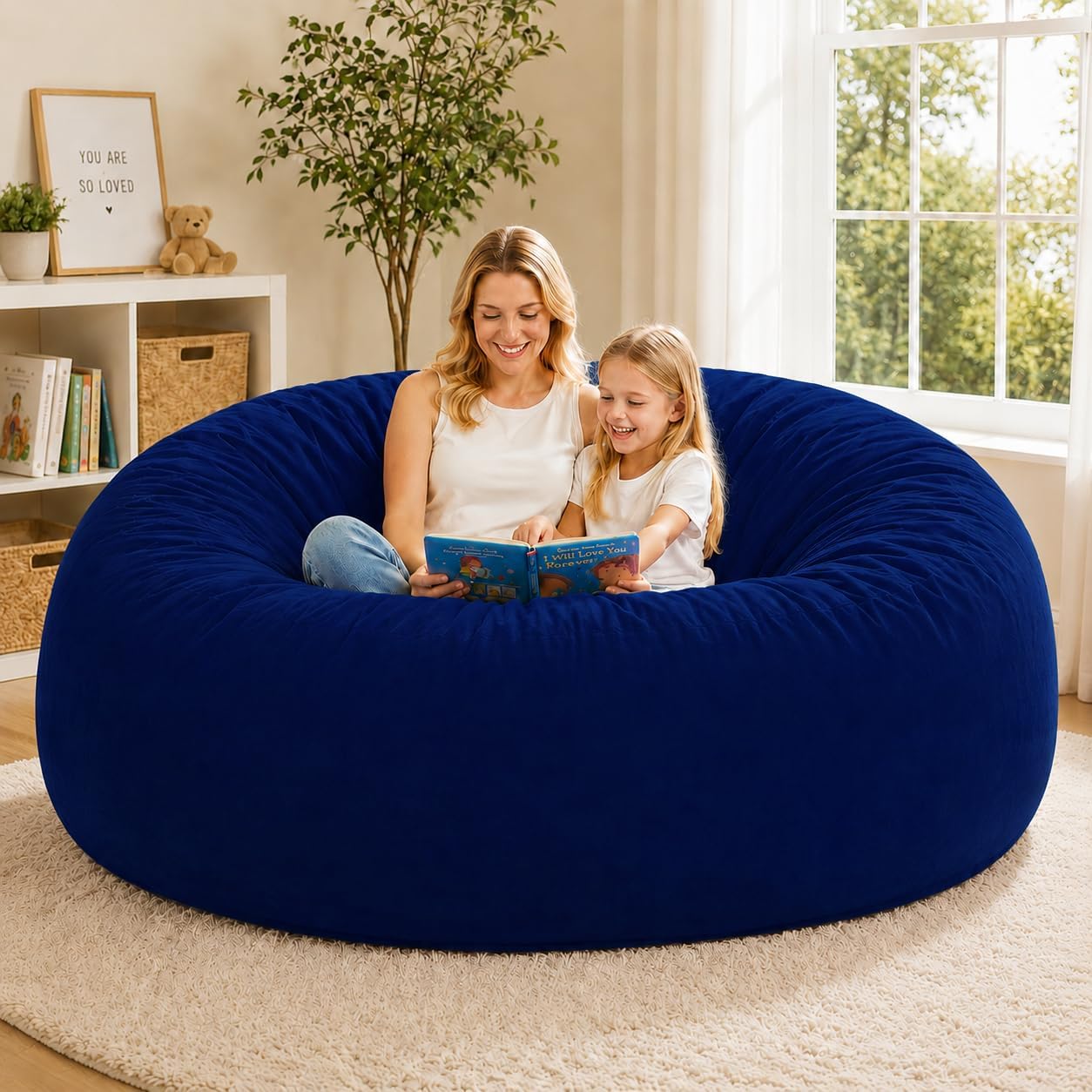 Giant Bean Bag Chair Cover (No Filler, Cover Only), 6FT, Blue | Soft Dutch Velvet Bean Bag Sofa Bed Covers Washable Fluffy Lazy Sofa Bed for Adult, Bedroom & Living Room Decor