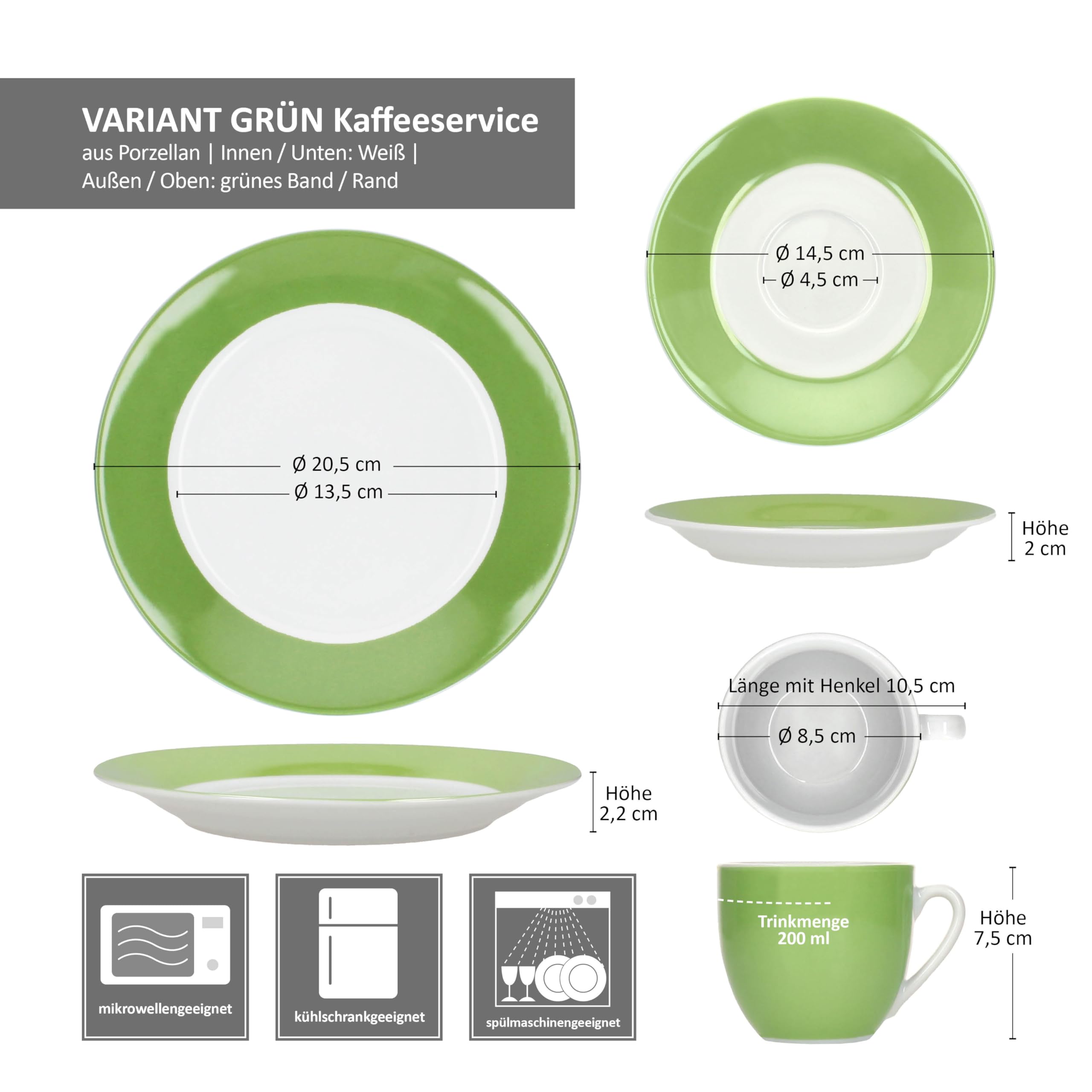 MamboCat Variant Grün 18tlg Kaffeeservice I farbige Porzellan-Kaffeeset für 6 Personen I Je 6X Kaffeetassen 200ml, Untertassen & Kuchenteller I buntes Geschirr für Frühstück & Kaffee