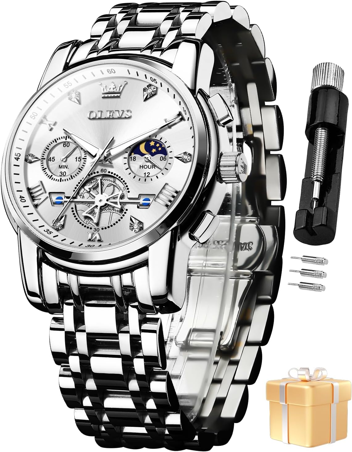Watch for Man Analog Quartz Skeleton Chronograph Diamond Watches Stainless Steel Moon Phase Calendar Waterproof Dress Watches