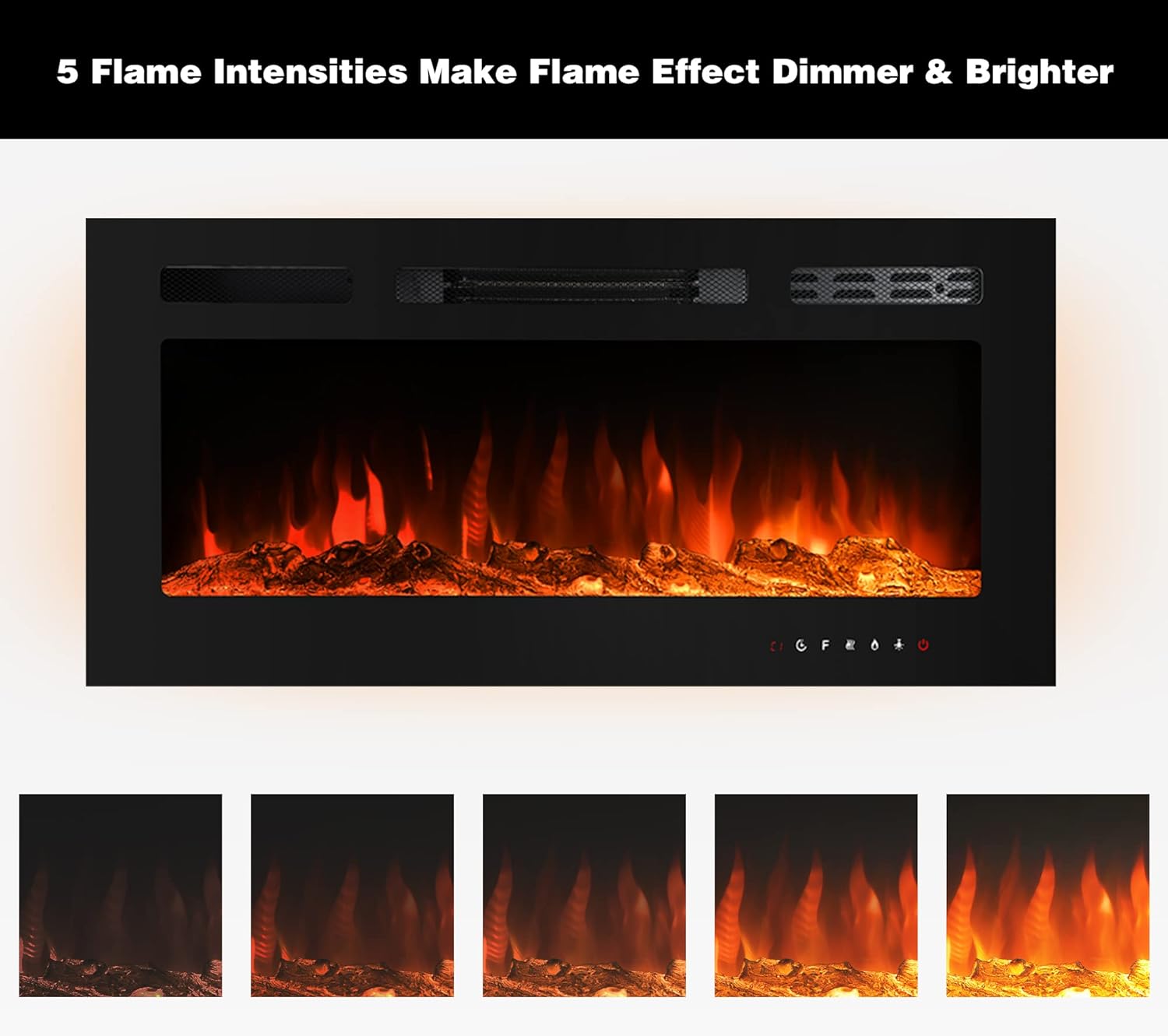 Visual representation of the 5 flame intensity levels for the electric fireplace.