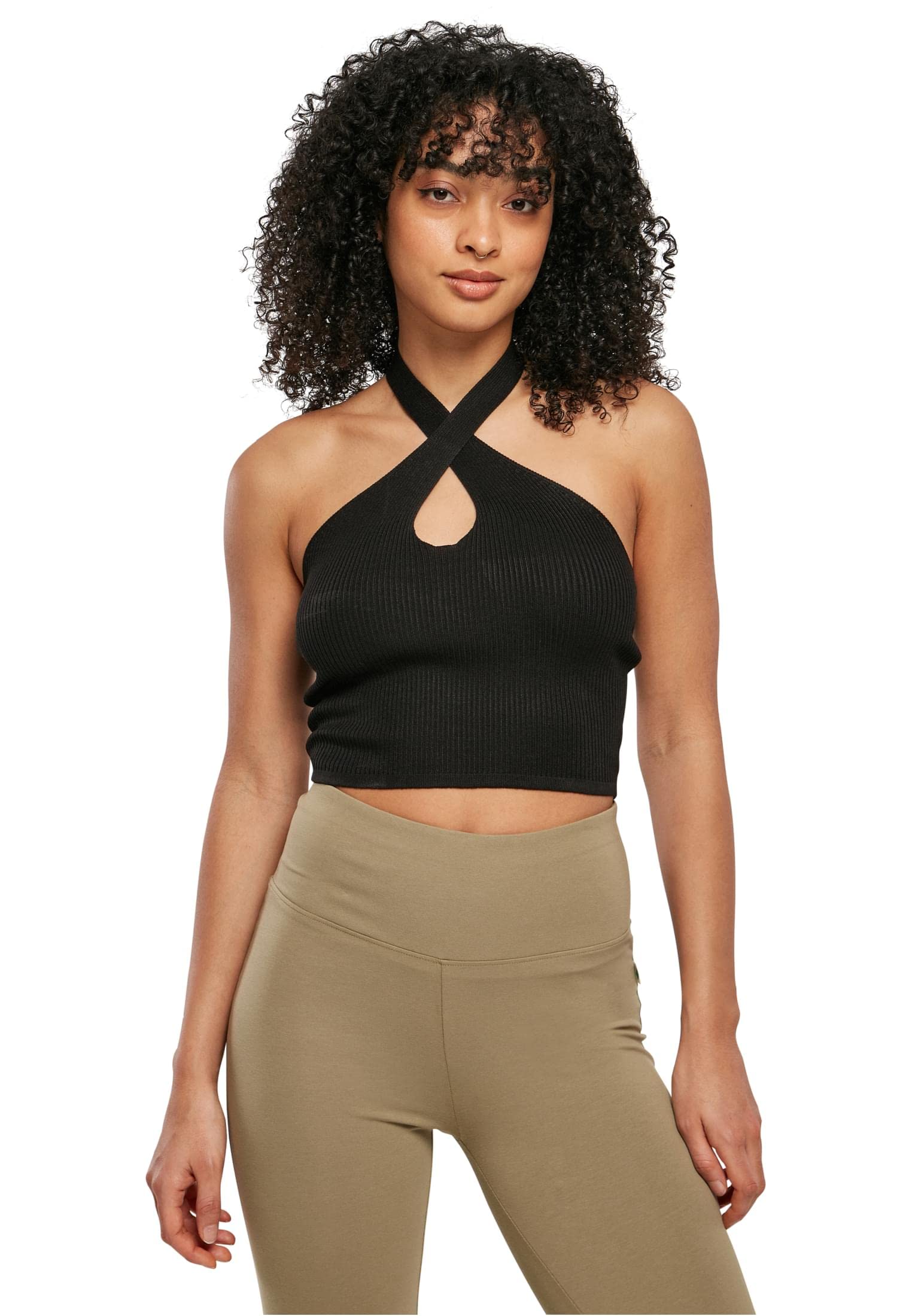 Urban Classics Women's Black Rib Knit Crossed Halterneck Top T-Shirt, Xxl