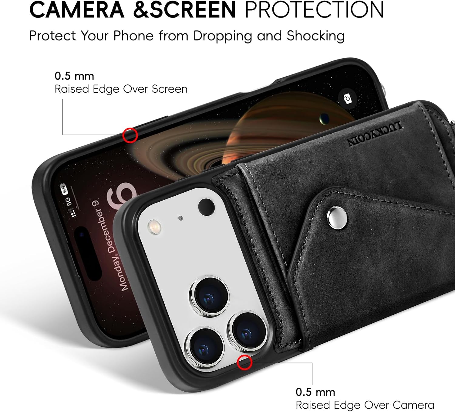 LUCKYCOIN Crossbody Phone Case for iPhone 17 Pro Max, 100% Genuine Leather Phone Wallet Case for Women, Premium Hands-Free Phone Purse with Expandable Flip Card Holder & Adjustable Strap - Retro Black
