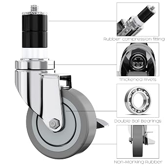 Houseables Table Casters, Table Wheels, Set of 4, Expanding Stem Caster Wheels, 4 Inch, Stainless Steel, for Kitchen Prep Worktable, Folding Desk, Commercial, Legs, Cart, Locking, 1-1/2 & 1-5/8 ID