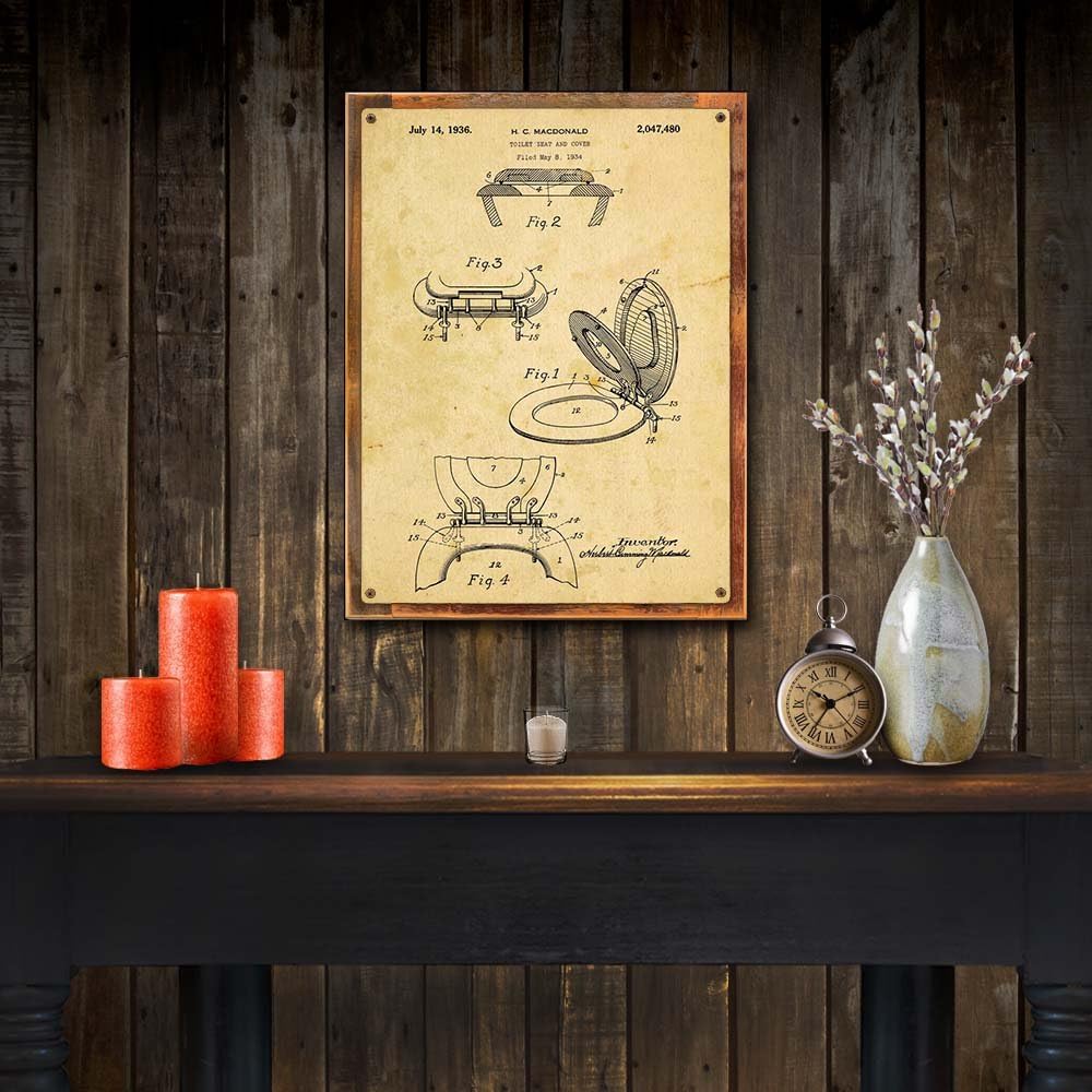 Wood-Framed Toilet Seat Patent Drawing Metal Sign, Vintage, Bathroom, Steampunk, IndustrialDecor on reclaimed, rustic wood