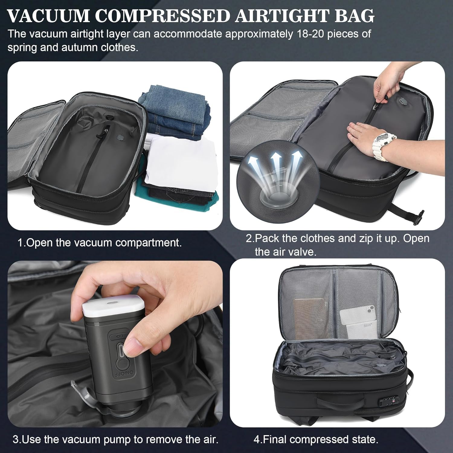 Vacuum Backpack Travel, Vacuum Seal Compression Travel Backpack with Pump, Laptop Compartment, 60L Expandable Water Resistant Business Carry-On Backpack, Black