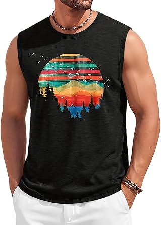 Runcati Mens Graphic Printed Workout Muscle Crewneck Tank Tops