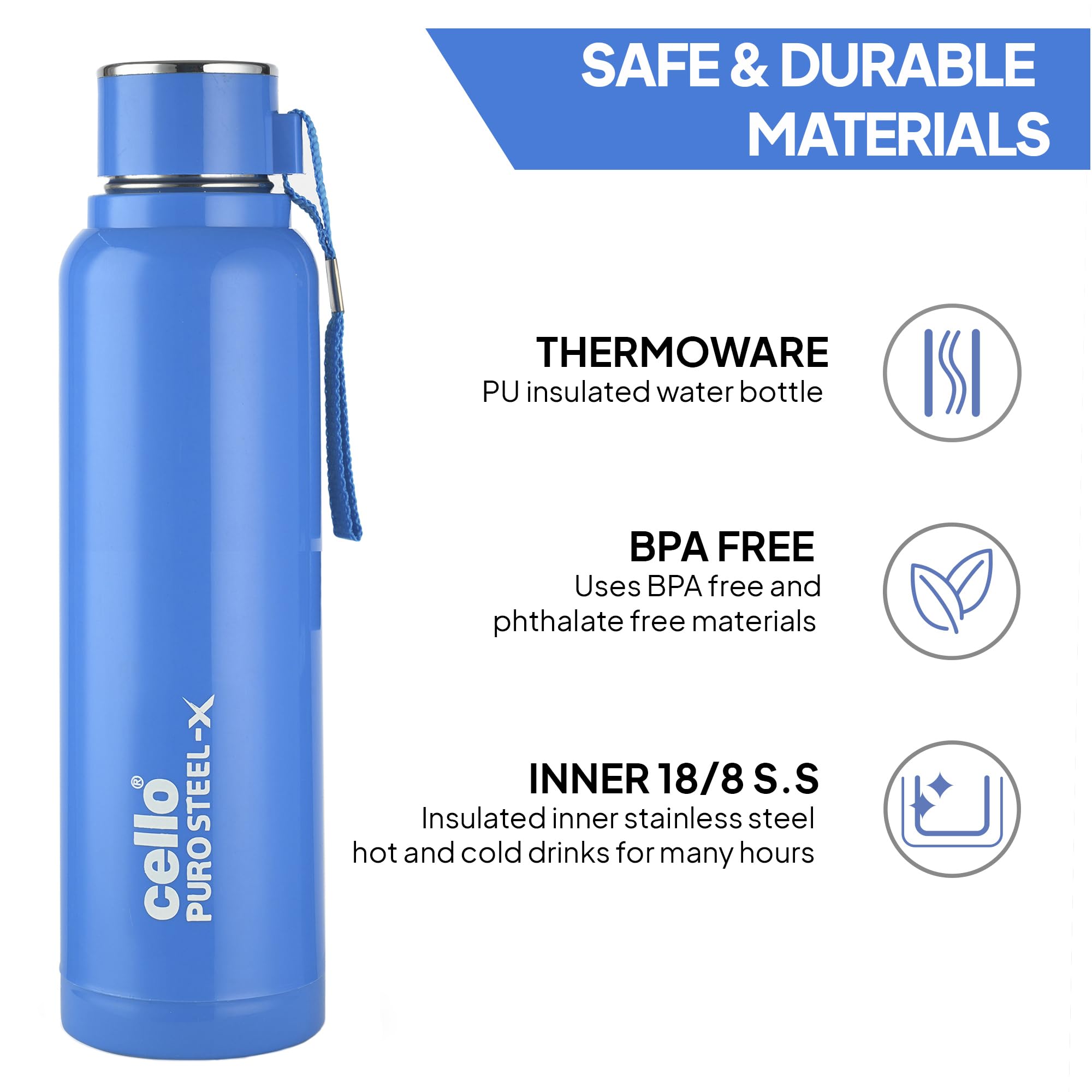 Cello Puro Steel-X Benz 900 Wasserflasche, auslaufsicher, breite Öffnung und leicht zu öffnen, isolierte innere Stahl-Außen-Kunststoff-Wasserflasche, 730 ml, Blau