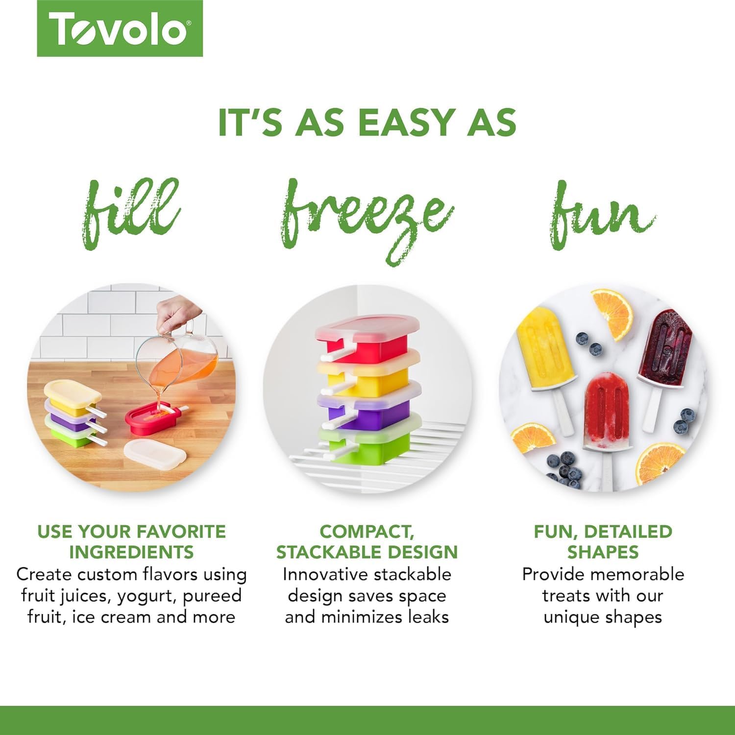 Tovolo Stackable Popsicle Molds with Sticks 4 Pack Reusable Silicone Homemade Pop Maker Mold for Kids Toddlers BPA Free, Mess Free Easy Clean Drip Free Dishwasher Safe Popsicle Molds with Sticks