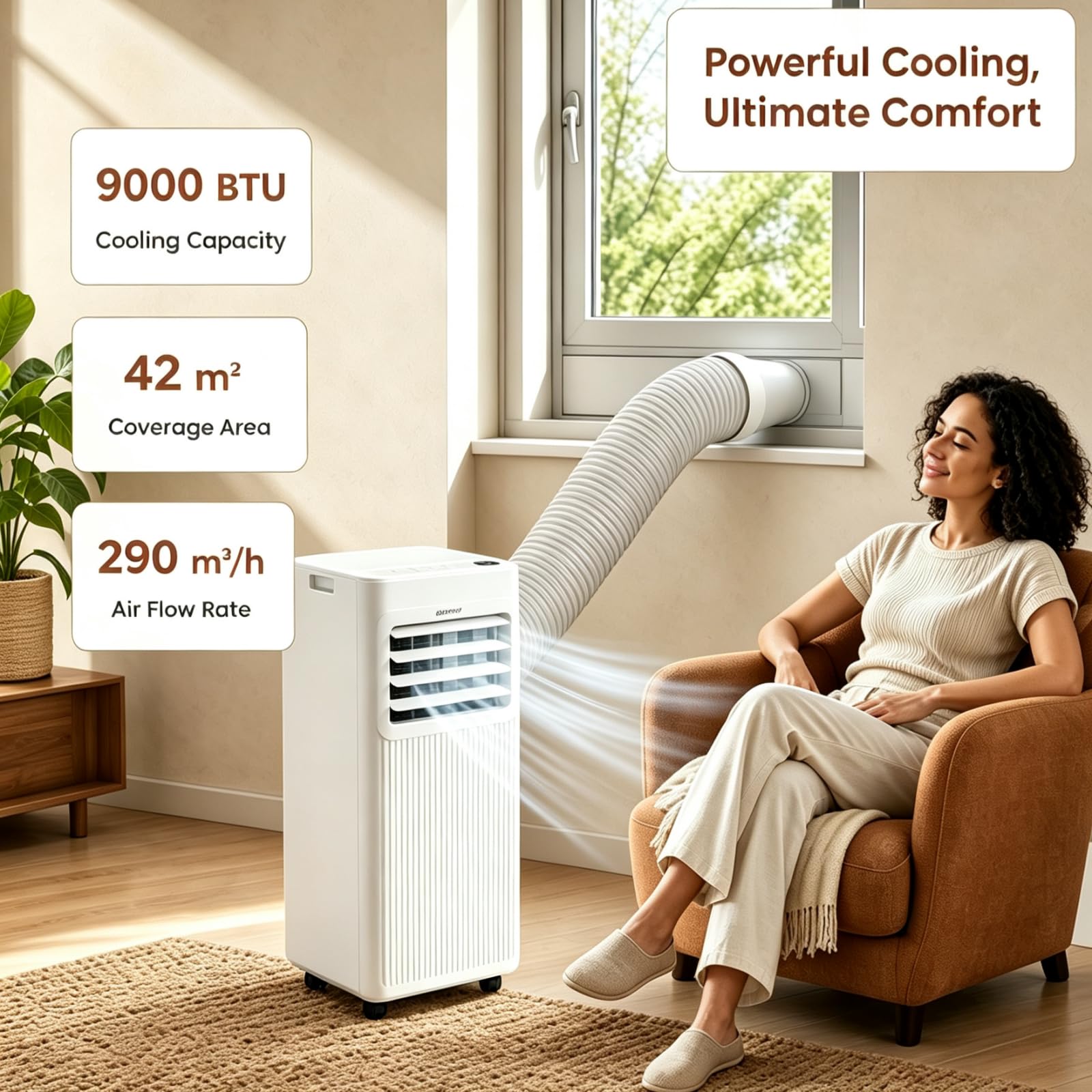 LIFEZEAL Climatiseur Mobile Silencieux, Climatiseur Portable, avec Refroidissement, Déshumidification, Ventilation, Mode Sommeil, Minuterie 24h, Minuterie 24h (9000, BTU, Style2)