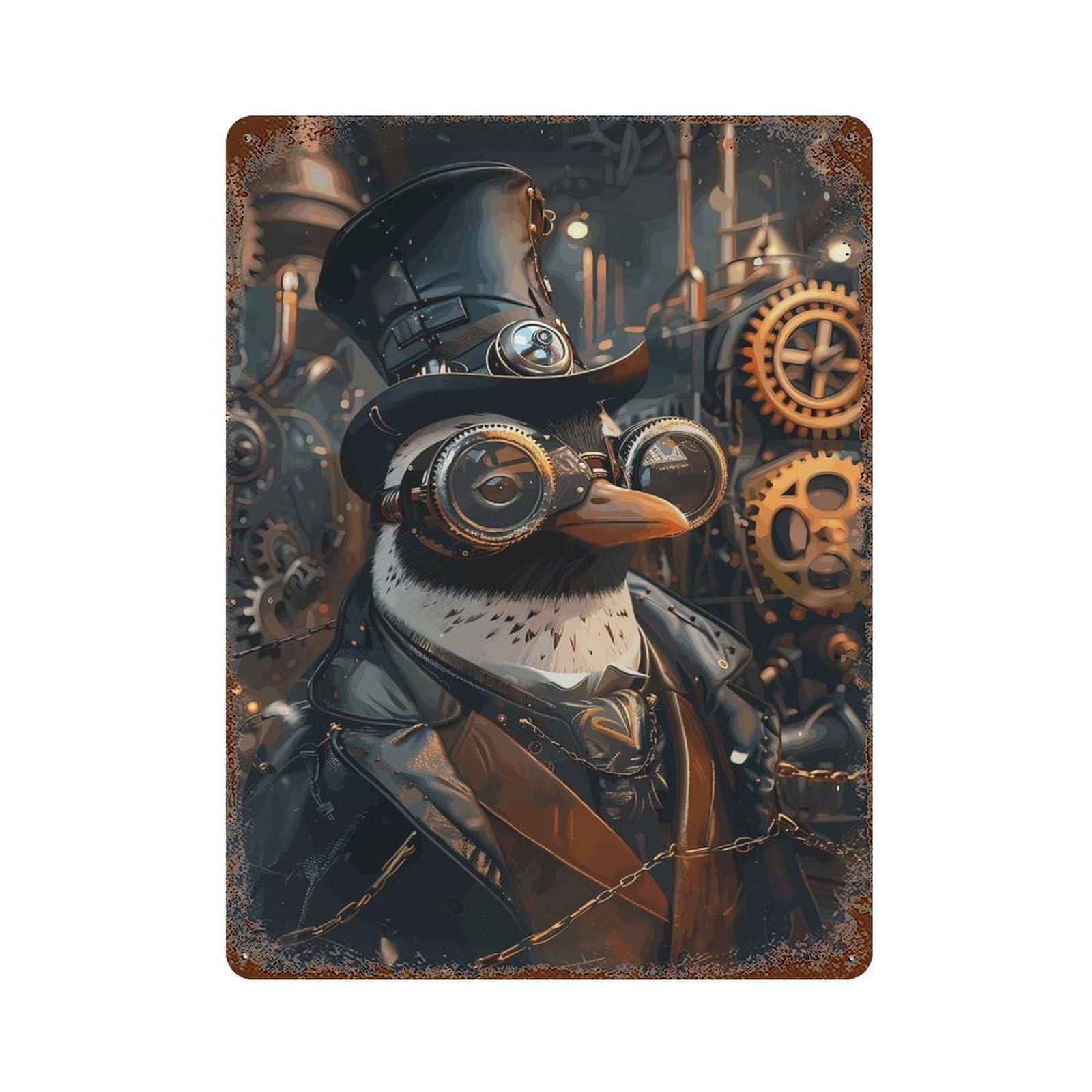 Steampunk Animal Penguin Rust Effect Tin Sign 15.7"x11.8", Ideal for Farmhouse, Kitchen And Entryway Decor