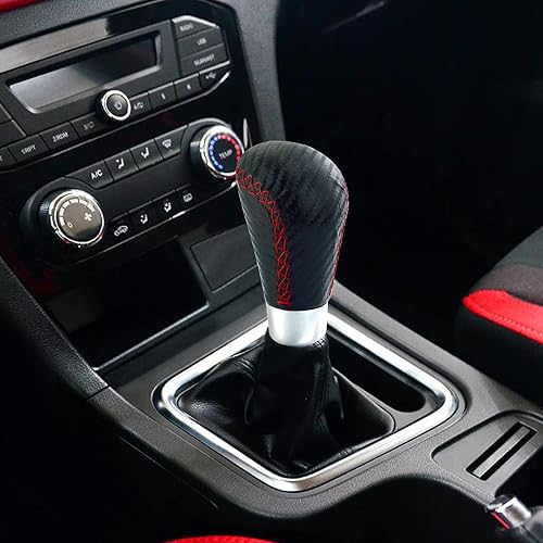 Miniatura 2 de Arenbel Pomo de palanca de cambios tipo R de cuero negro de repuesto para la mayoría de automóviles manuales MT, cosido en rojo