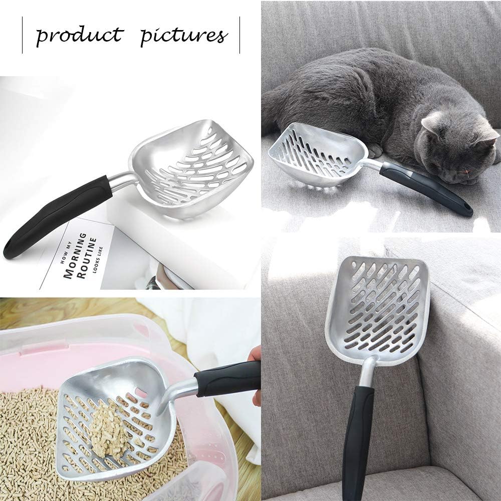 Cat Litter Scoop, Durable Metal Litter Scoop for Kitty， Deep Shovel and Ergonomic Long Handle,Made of Heavy Duty Solid Aluminum Alloy,Jumbo Size,1PC with Pet Trash Bag