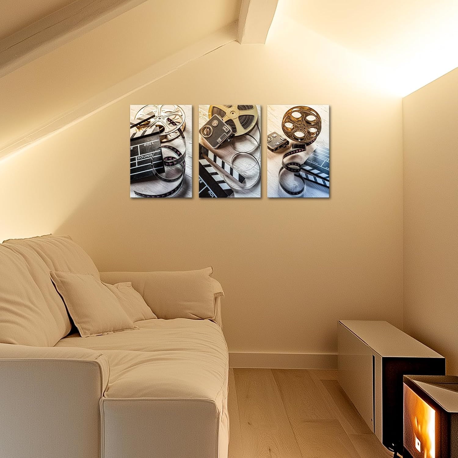 3 Piece Film and Camera Canvas Wall Decor Filmmaking Concept Scene Clapper Picture Modern Home Art Home Movie Theater Media Room Bar Pub Stretched and Framed Ready to Hang 16"x 24"x3 PCS image 5