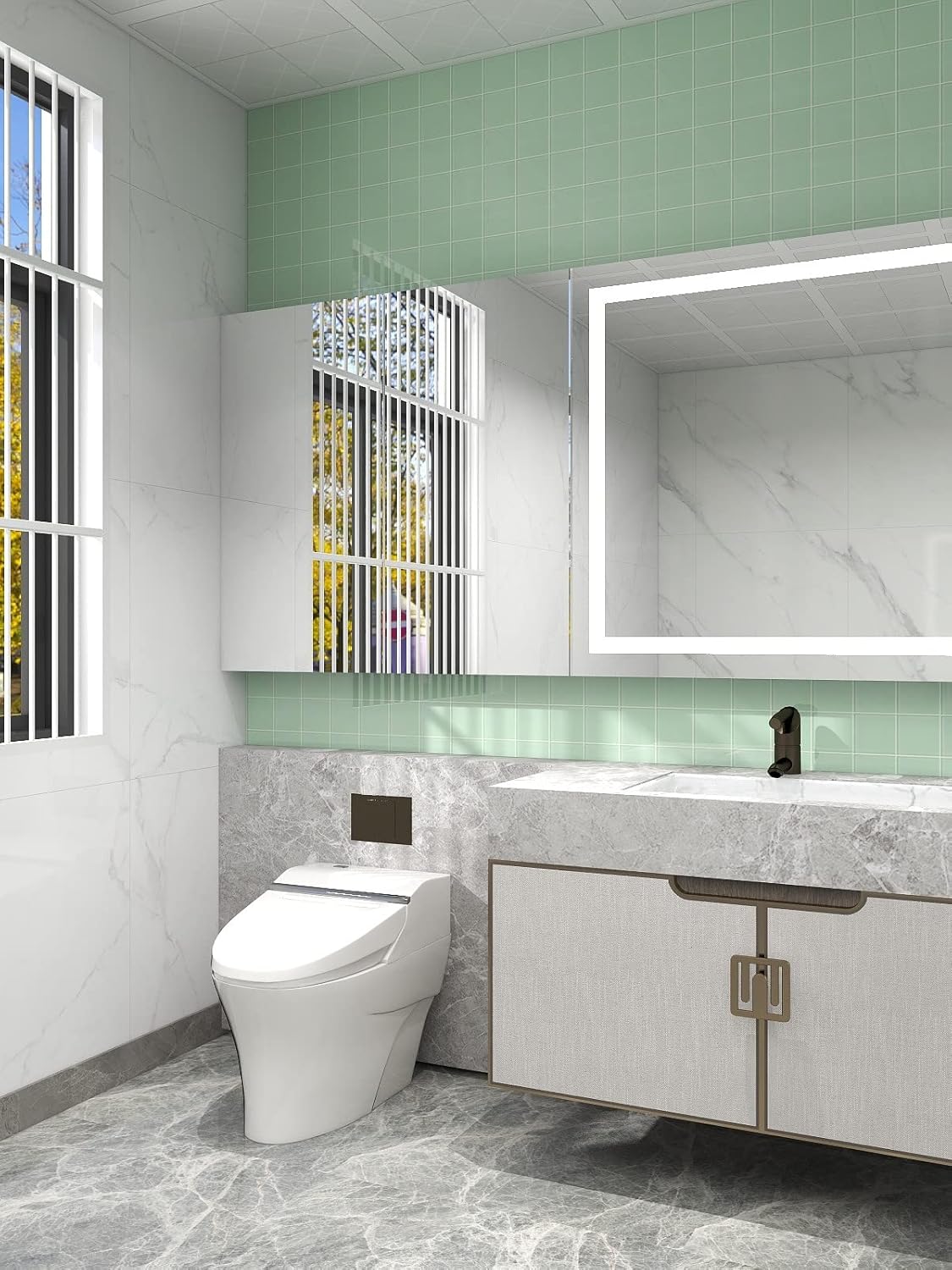 Green Peel and Stick Glass Tile, Square Mosaic Wall Tiles with Frame, Stick on Glass Backsplash (5 Sheets, 12"x12")