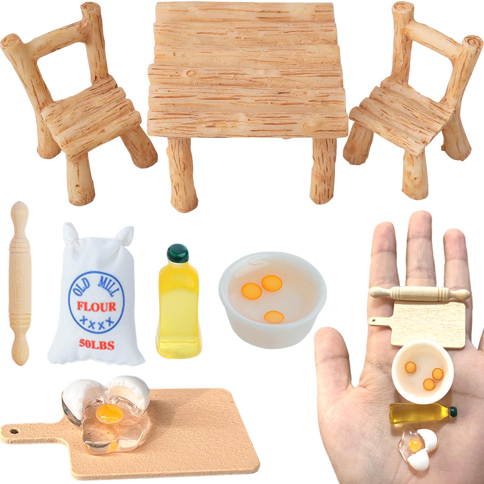 Mini-Puppenhaus Backzubehör – Wichtel-Zubehör-Set Mit 18 Teilen, Inkl. Tisch, Stühle, Nudelholz & Backformen, Für