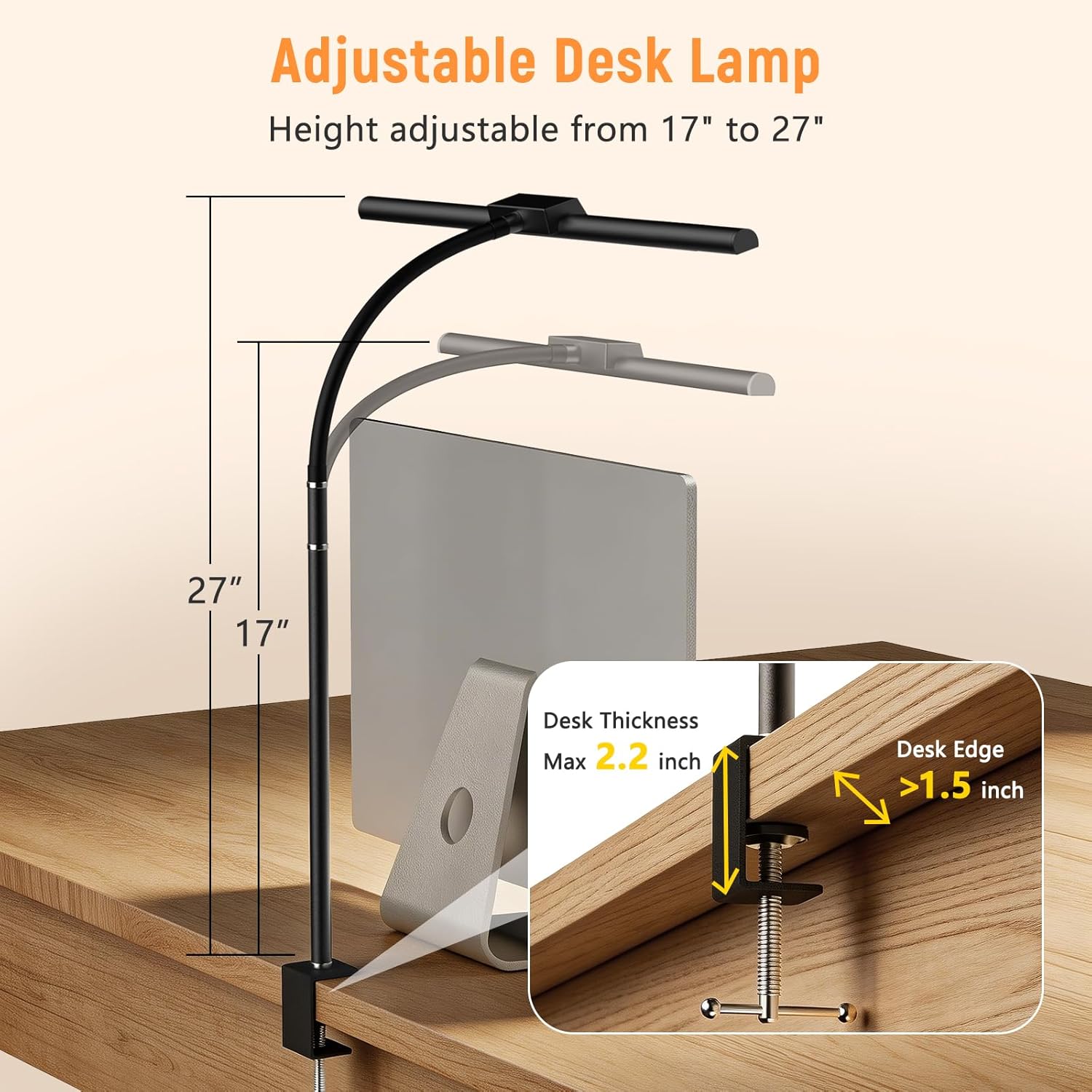 LED Desk Lamp for Home Office, Flexible Gooseneck Desk Lamp with Clamp, 5 Color Touch Control Stepless Dimming Adjustable Eye-Caring Desk Light with Adapter for Reading, Drafting, Study, Workbench