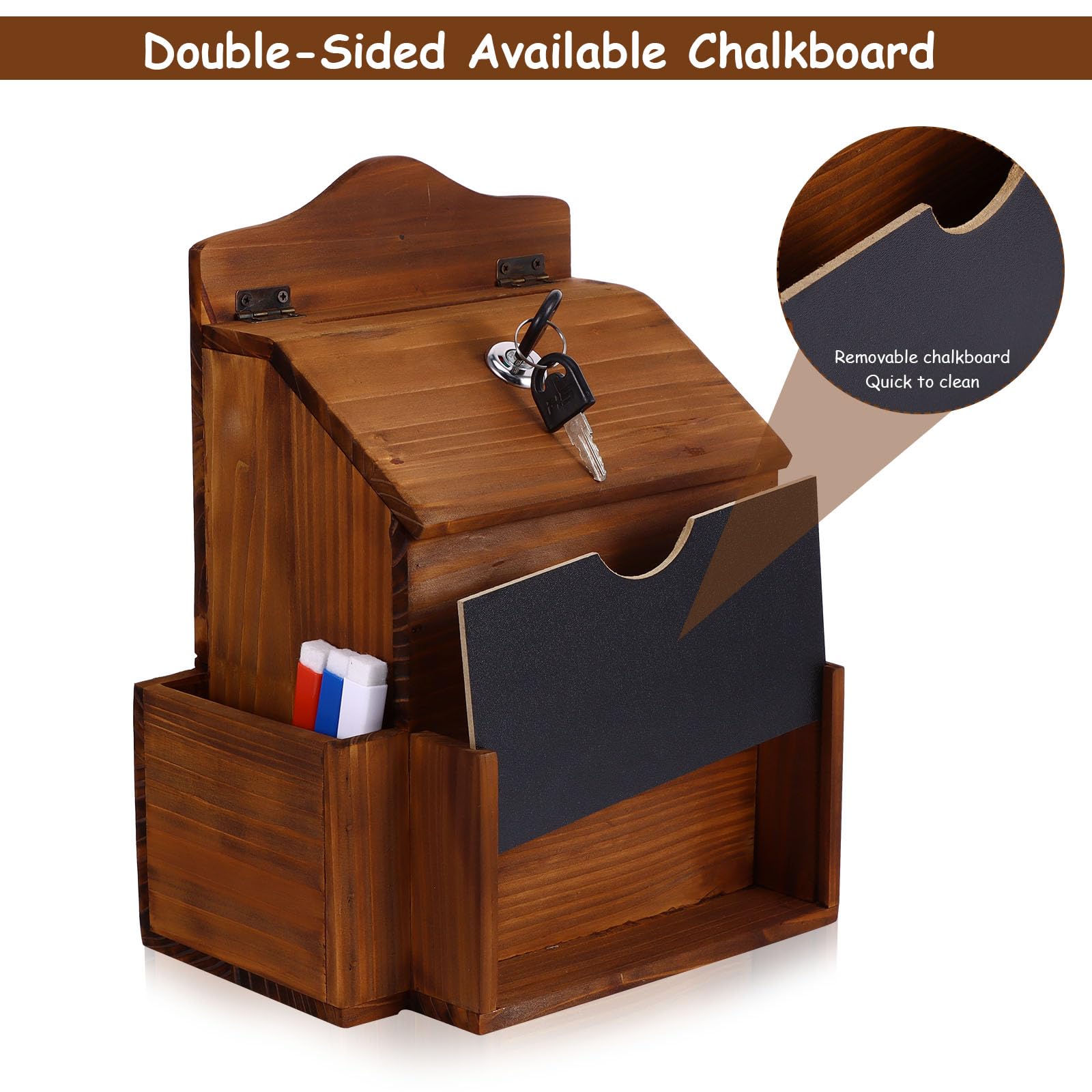 Wooden Suggestion Box with Blackboard and Lock, Wall Mounted Letter Boxes Charity Donation Ballot Box, Anonymous Collection Containers with 3 Pens and 10 Cards - Image 2