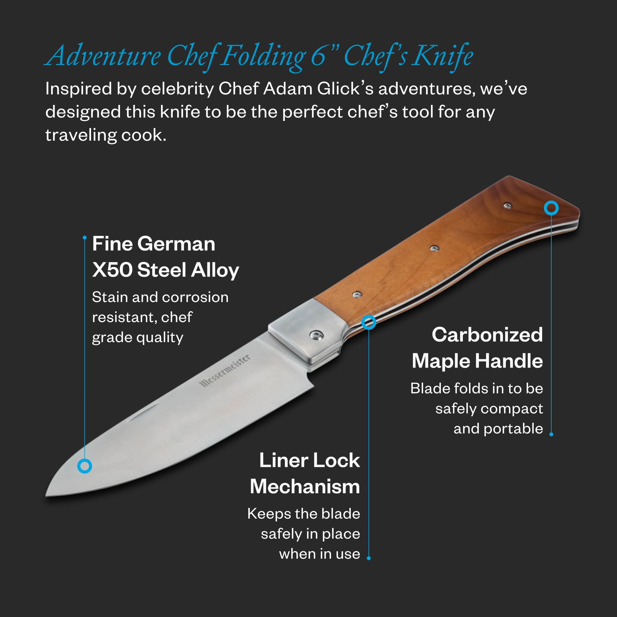 Messermeister Adventure Chef Folding 6” Chef’s Knife - German Steel & Carbonized Maple Handle - Rust Resistant & Easy to Maintain — Amazon image 2