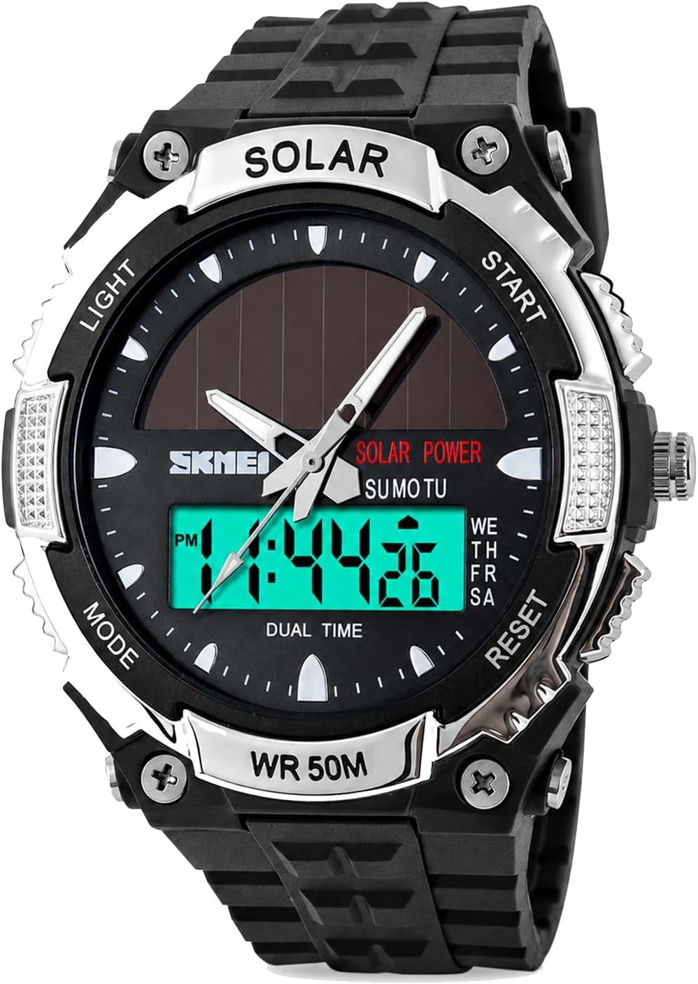 โ solar energy watch led luminous indication 2 Time Zone 50m waterproof watch(Silver)