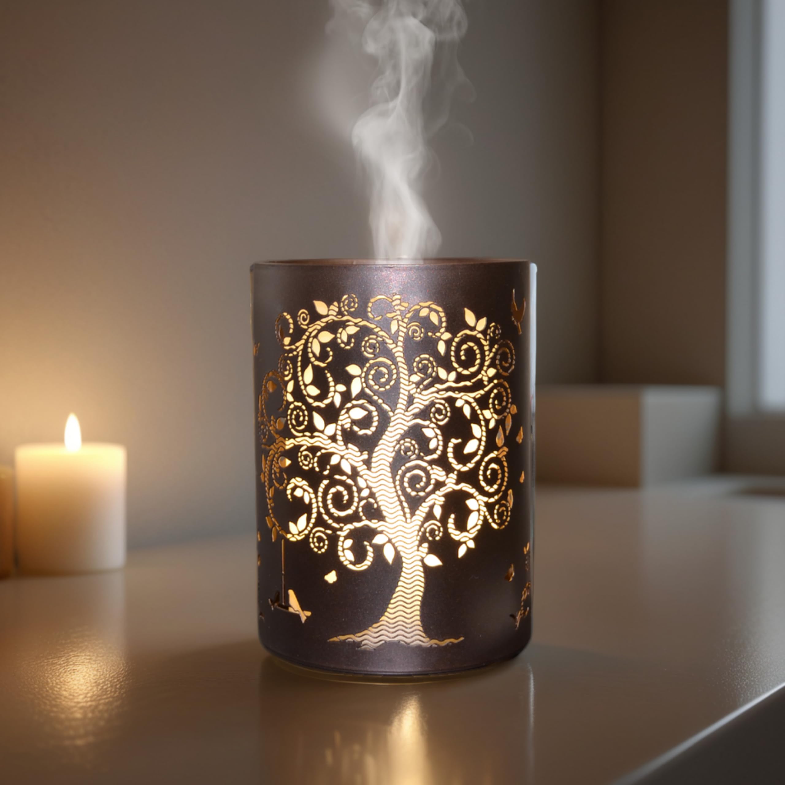 ZEN ARÔME Diffuseur d’Huile Essentielle Vita – Diffuseur Ultrasonique Aromathérapie à Froid - Diffuseur Électrique Parfum Maison avec Télécommande - Éclairage LED Effet Bougie – en Métal et Verre