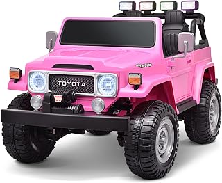 24V 2 Seater Kids Ride on Truck Licensed Toyota Land Cruiser FJ40 4WD Battery Powered Electric Car, with 4x75W Engine, Remote Control, Soft Braking, Easy-Drag, Suspension & Car Cover, Pink
